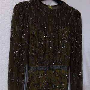 Mac Duggal Olive Sequin Long Sleeve Dress